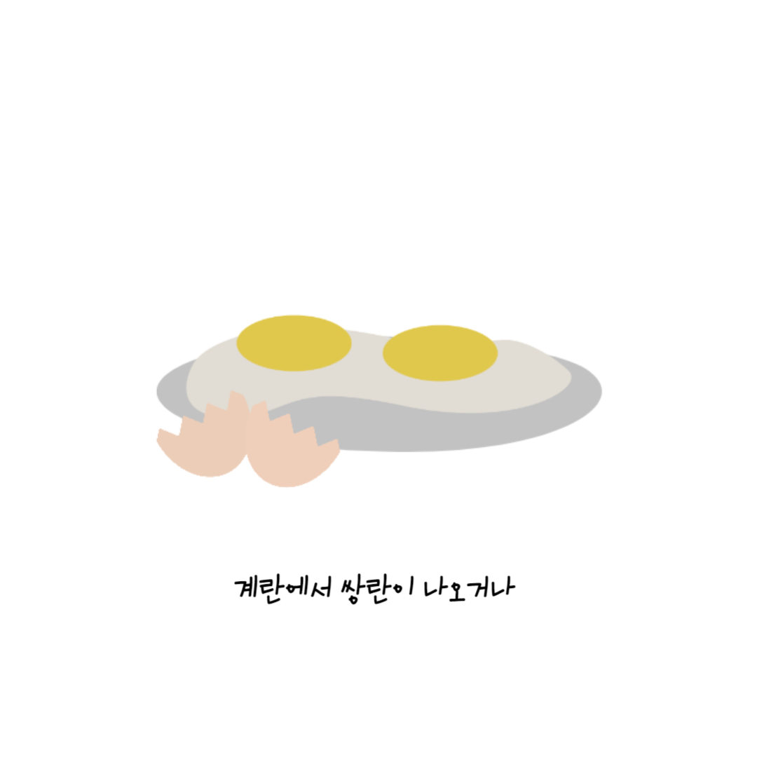 계란에서 쌍란이 나오거나
            흰자 위에 노른자 2개가 있고, 옆에는 계란 껍질이 놓여 있다.