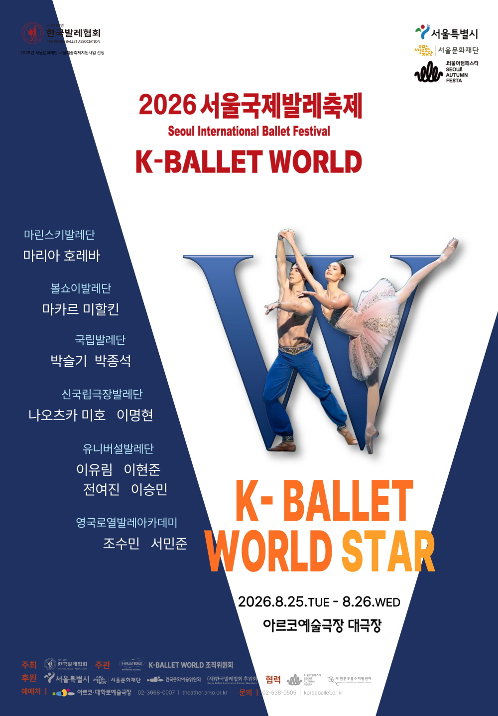 이천이십육 서울국제발레축제 ‘케이 발레 월드’ 포스터로, 케이 발레 월드 스타 공연을 알리고 있다.
마린스키발레단 마리아 호레바, 볼쇼이발레단 마가르 미할킨, 국립발레단 박슬기,박종석 등이 출연한다.
포스터 중앙에는 남녀 발레 무용수가 춤추는 모습과 케이 발레 월드 로고가 배치되어 있다.
공연은 이천이십육년 팔월 이십오일 화요일부터 이십육일 수요일까지 아르코 예술극장 대극장에서 열린다.