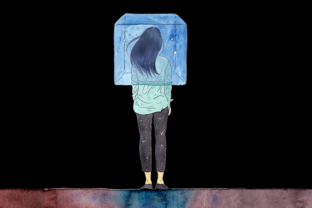 필자의 그림. 어두운 공간에 긴머리 여성이 뒤돌아 서 있다. 여성의 상체는 커다란 얼음덩어리 안에 갇혀 있다.