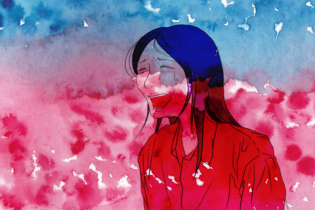 필자의 그림. 한 여성이 우울과 분노에 뒤덮여 있음을 괴로운 표정과 파란색, 빨간색 물감의 어른거림으로 표현했다. 