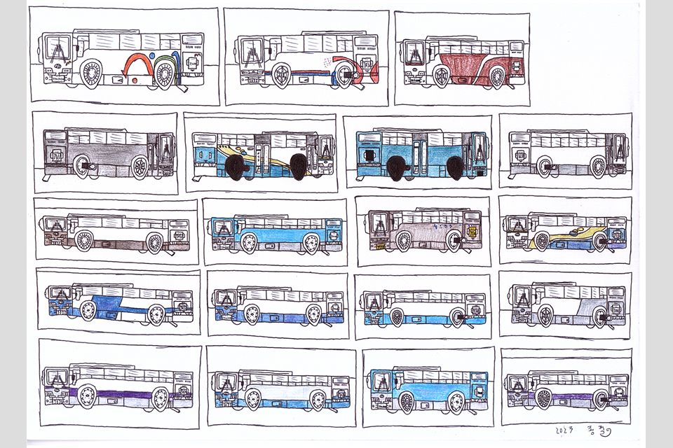 닮은 듯 다른 버스 19대를 그렸다. 맨 윗줄에는 3대, 둘째 줄부터는 4대씩 나란히 그려져 있다.
