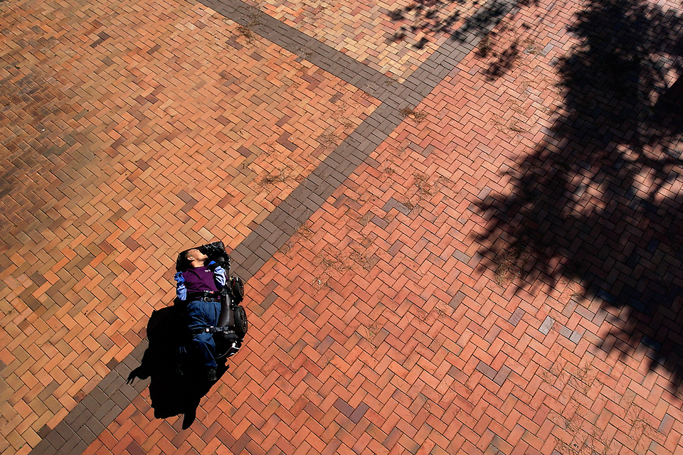붉은 벽돌 바닥이 넓게 깔린 공간을 위에서 내려다본 구도로, 길 위에 침상휠체어를 탄 사람이 있다. 햇빛이 비치고 바닥 한편에는 나무 그림자가 크게 드리워져 있다.