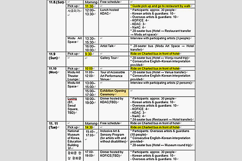 날짜(11.8~11.11), 시간대(아침·점심·저녁·저녁 이후), 장소(KDAC, KOPICE, 전시관 등), 활동 내용(가이드 픽업, 점심·저녁 식사, 갤러리 투어, 공연·전시 관람, 인터뷰, 버스 이동 등)이 표 형태로 정리되어 있으며, 주요 항목에는 노란색 형광펜으로 강조 표시되어 있다.
