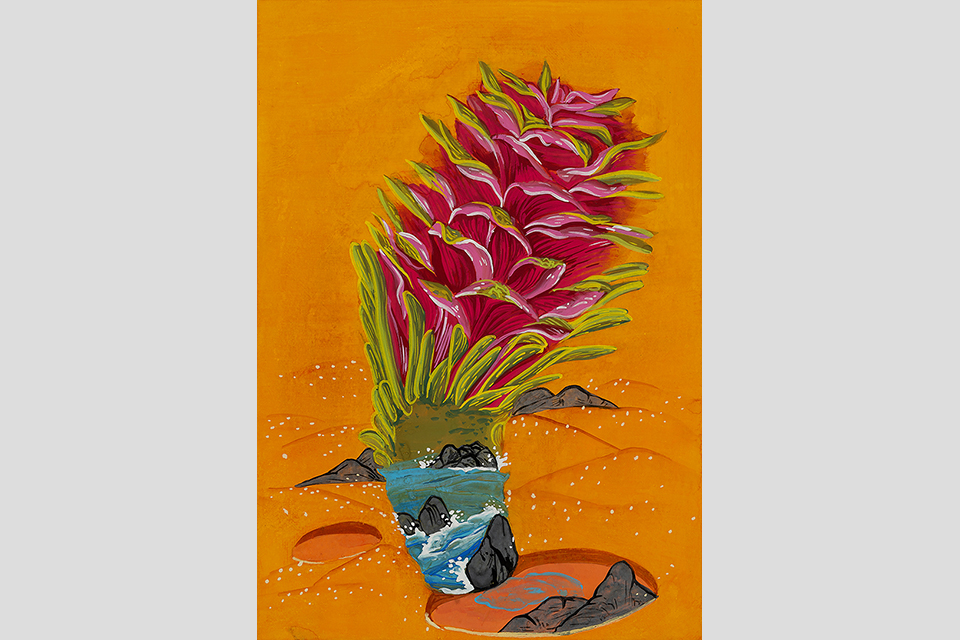 군데군데 패이거나 둔덕처럼 쌓인 황토색 땅 같은 주황색 바탕 위에 중심은 붉고 끝으로 갈수록 초록색 잎사귀가 겹겹이 자란 식물 화분이 놓여 있다. 화분은 바위들 사이에 파도치는 바다처럼 묘사되어 있다.