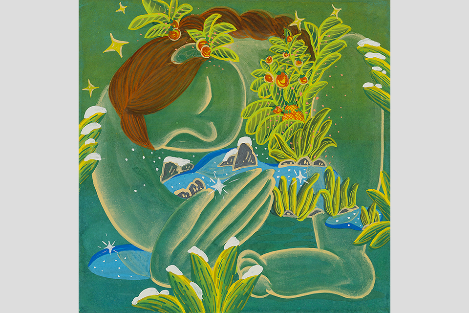 푸른색 화폭 위에 땋은 갈색 머리를  한 인물이 몸을 웅크린 채 품에 초록 식물들과 바위들이 솟아 있는 파란 강물을 양팔로 감싸 안은 듯한 형상이 화면에 가득 차게 그려져 있다. 마치 자연과 인간의 몸이 하나의 생명체처럼 이어진 분위기를 전한다.