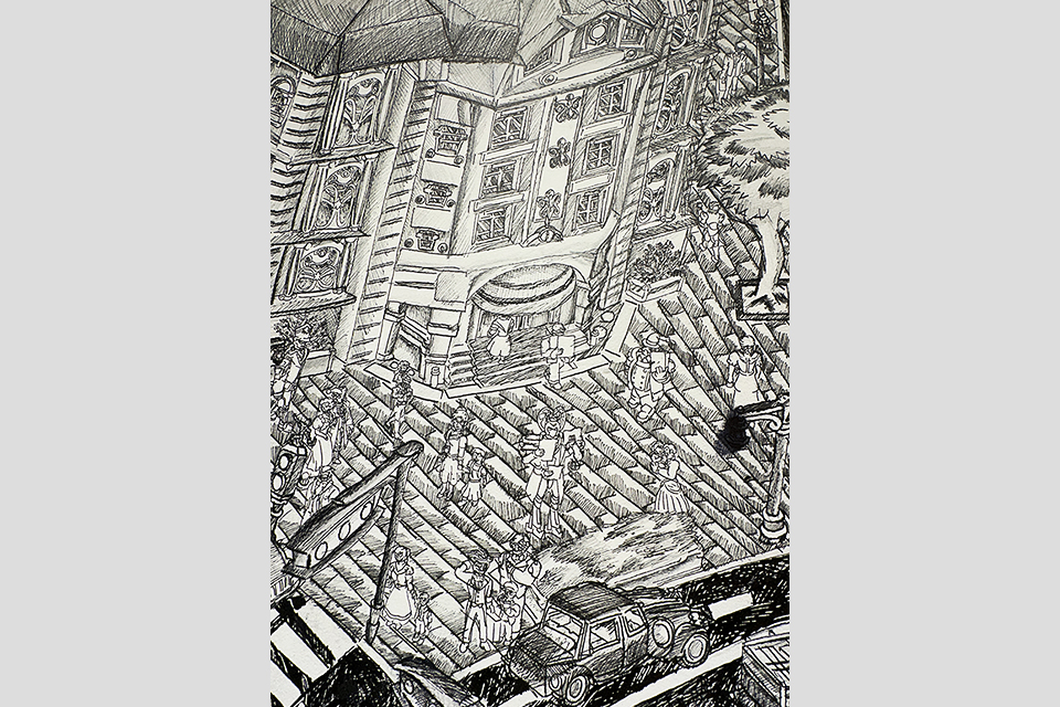 〈파리와 내가 사랑한 것들〉의 일부. 흑백 펜 드로잉으로 그린 도시의 교차로 풍경이다. 중앙에는 건물 입구와 횡단보도가 있고, 거리에는 다양한 모습의 사람과 차량이 분주하게 오가는 장면이 묘사되어 있다.