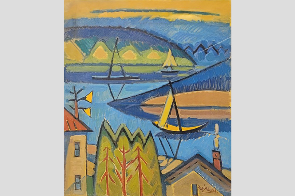 푸른 강과 다리, 돛단배, 강변의 집과 나무를 단순화한 색면과 선으로 표현했다.
밝은 색채와 리듬감 있는 구성이 강변 풍경을 경쾌하게 드러낸다.