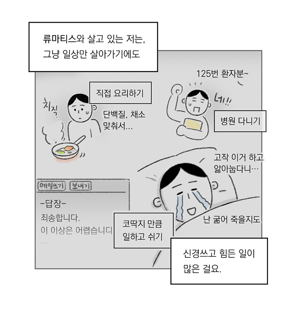 류마티스와 살고 있는 저는, 그냥 일상만 살아가기에도
신경쓰고 힘든 일이 많은 걸요.

직접 요리하기. 단백질, 채소 맞춰서… 치직
병원 다니기. 125번 환자분~ 네!!
코딱지만큼 일하고 쉬기. 고작 이거 하고 앓아눕다니… 난 굶어 죽을지도

그림설명: 세 장면이 나란히 그려져 있다. 요리 중인 프라이팬을 바라보는 주인공, 환자 호명에 한 손을 들고 대답하는 주인공, 침대에 누워 눈물을 흘리고 있는 주인공. 침대 옆 모니터에는 ‘죄송합니다. 이 이상은 어렵습니다’라는 문구가 담긴 메일 답장 화면이 보인다.