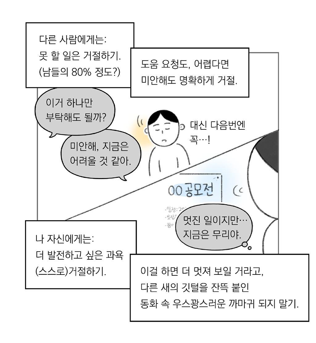 다른 사람에게는: 못 할 일은 거절하기. (남들의 80% 정도?) 

도움 요청도, 어렵다면 미안해도 명확하게 거절.

상대방: 이거 하나만 부탁해도 될까?
나: 미안해, 지금은 어려울 것 같아.
대신 다음번엔 꼭…!

나 자신에게는: 더 발전하고 싶은 과욕 (스스로) 거절하기. 

이걸 하면 더 멋져 보일 거라고. 다른 새의 깃털을 잔뜩 붙인 동화 속 우스꽝스러운 까마귀 되지 말기.

(나: 멋진 일이지만… 지금은 무리야.)

그림설명: 대각선으로 나뉜 두 칸 장면. 
첫째 칸: 주인공이 단호한 표정으로 지인의 부탁을 거절하고 있다. 
두 번째 칸: 주인공이 공모전 포스터를 바라보고 있다.